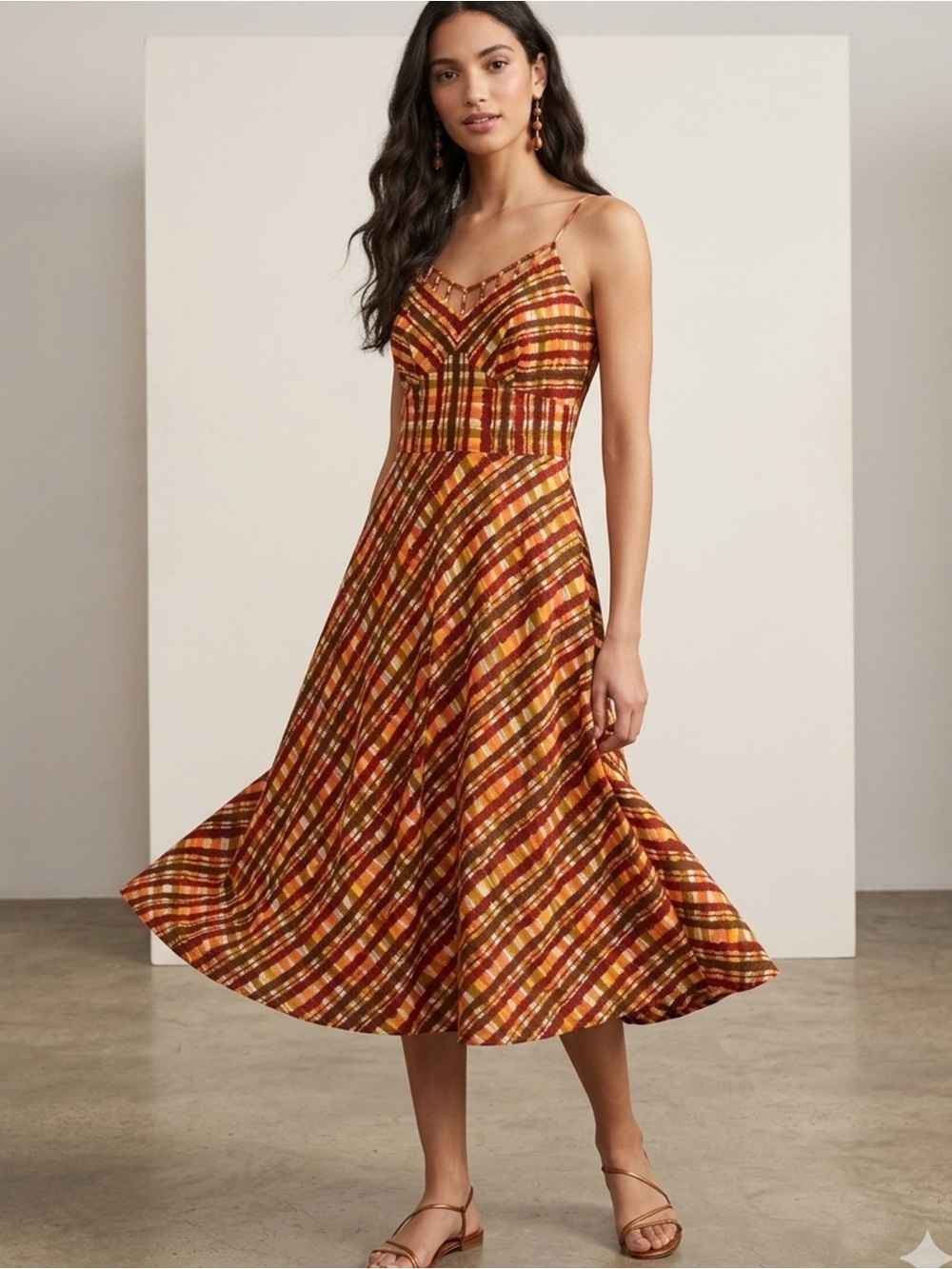 VTG Liz Claiborne Retro Boho Midi Dress Paprika Orange Chevron Beaded Neckline 4